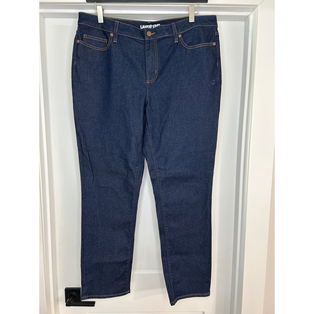 Lands End Womens Straight Leg Jeans Indigo Dark Wash Stretch Denim Size 16